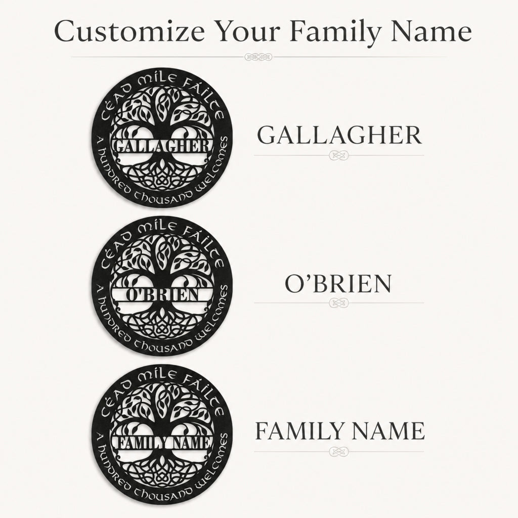 Custom circular black family name plaques with a tree of life design, shown in three examples labeled Gallagher, O'Brien, and Family Name on a light background.