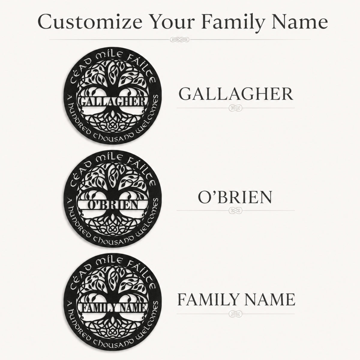 Custom circular black family name plaques with a tree of life design, shown in three examples labeled Gallagher, O'Brien, and Family Name on a light background.