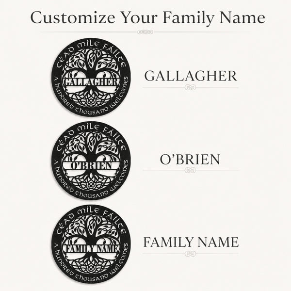 Custom circular black family name plaques with a tree of life design, shown in three examples labeled Gallagher, O'Brien, and Family Name on a light background.