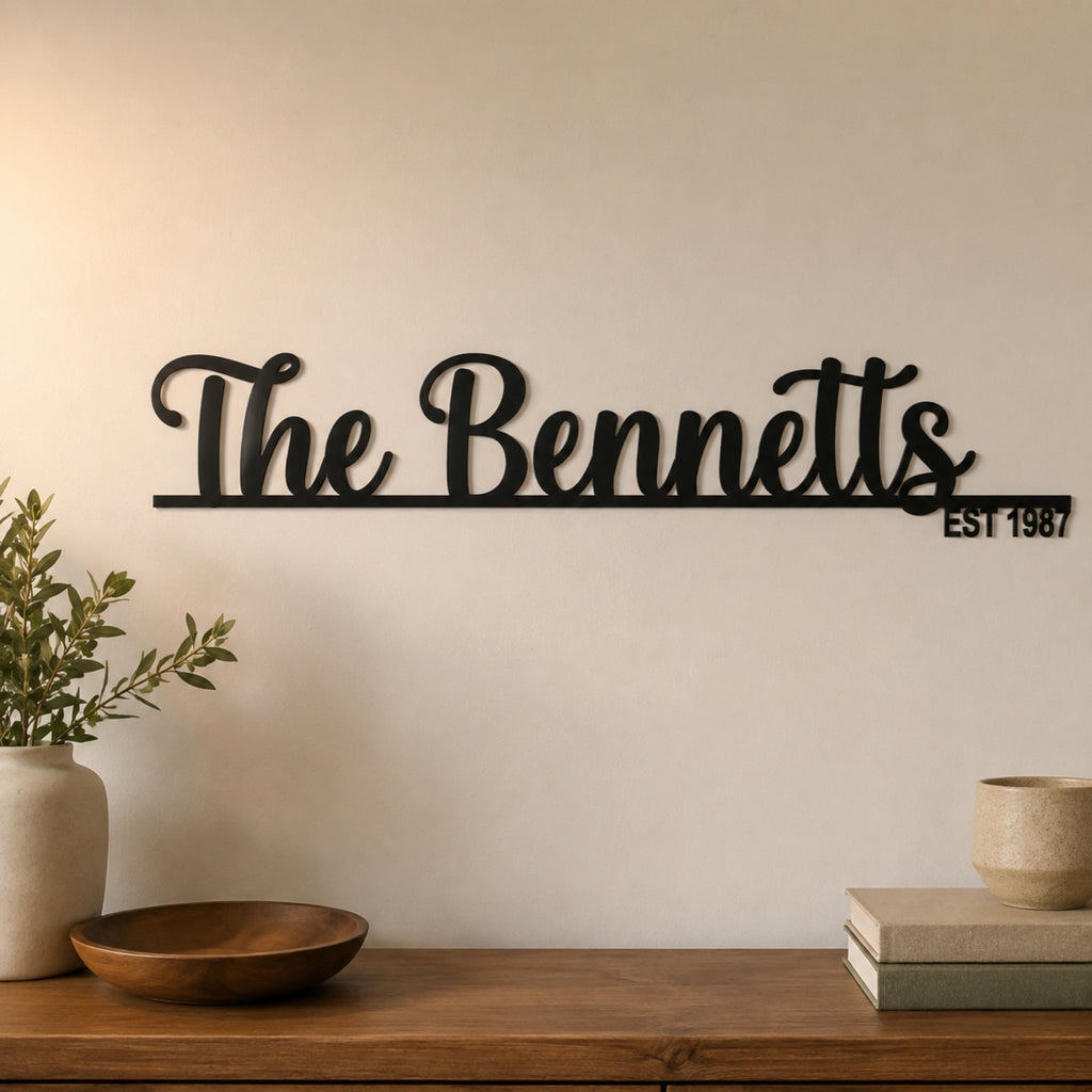 Black metal script wall sign reading 'The Bennetts' with 'EST 1987' on a horizontal bar, mounted on a beige wall above a wooden console table with decorative objects.