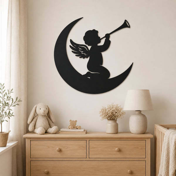 Angel on Moon Metal Wall Art – Celestial Nursery Decor
