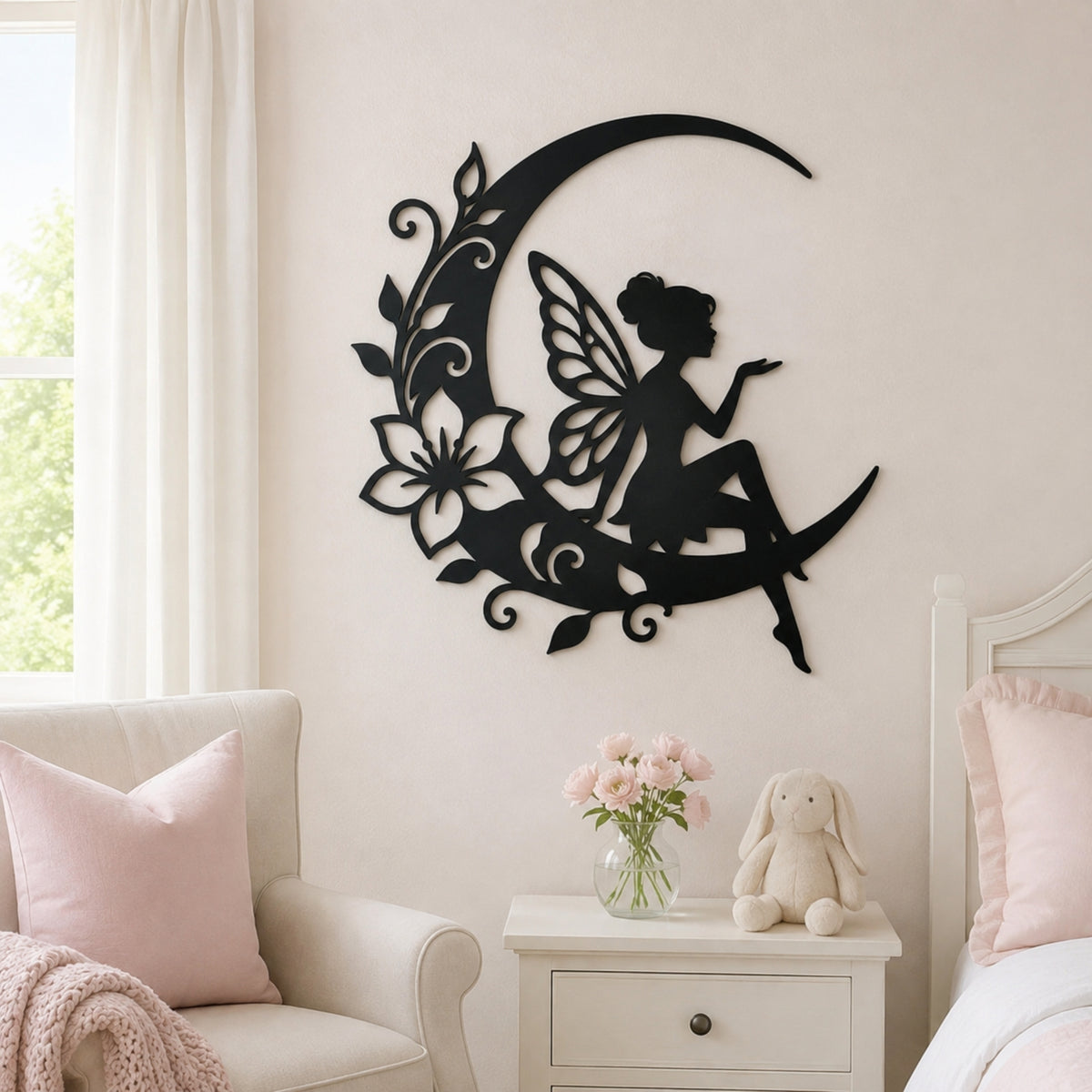 Fairy on Crescent Moon Metal Wall Art – Floral Fairy Wall Decor Main image