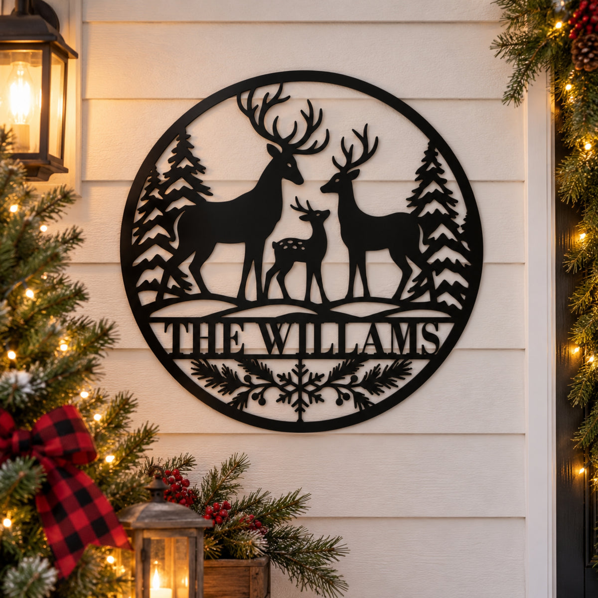 Personalized Deer Family Christmas Metal Sign – Custom Last Name Holiday Decor