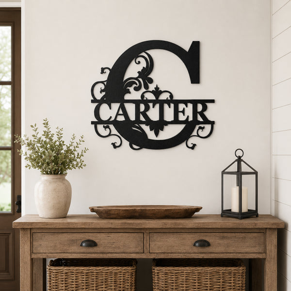Personalized Ornate Monogram Family Name Sign – Custom Initial Metal Wall Art