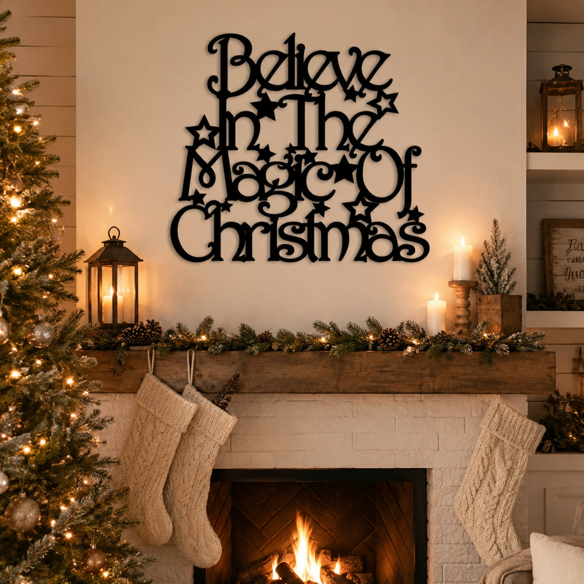 Black metal wall art with the phrase 'Believe in the Magic of Christmas' displayed above a decorated fireplace mantel with stockings, candles, and a Christmas tree.