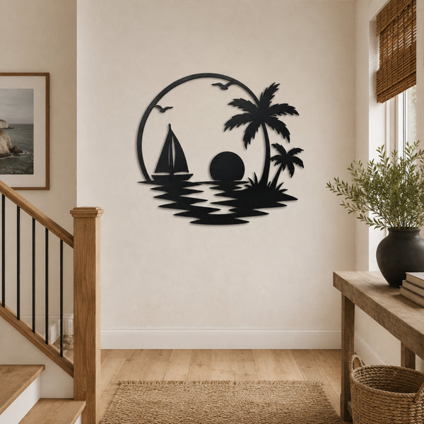 Tropical Sailboat Sunset Metal Wall Art – Palm Tree Coastal Decor