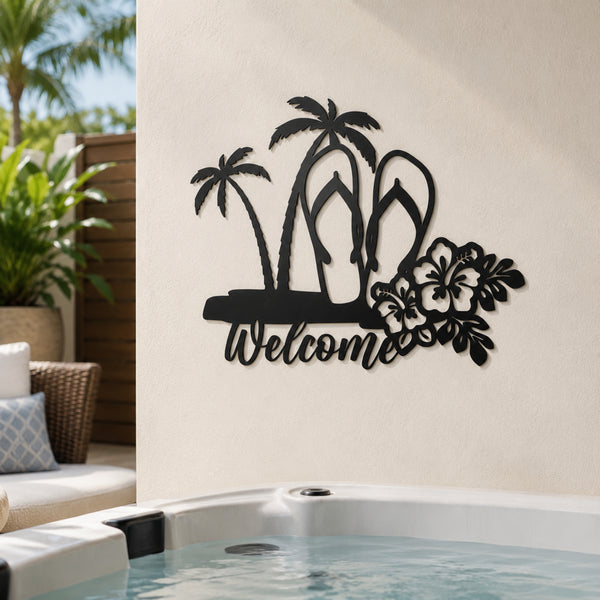 Tropical Welcome Metal Wall Art – Palm Tree & Flip Flop Decor