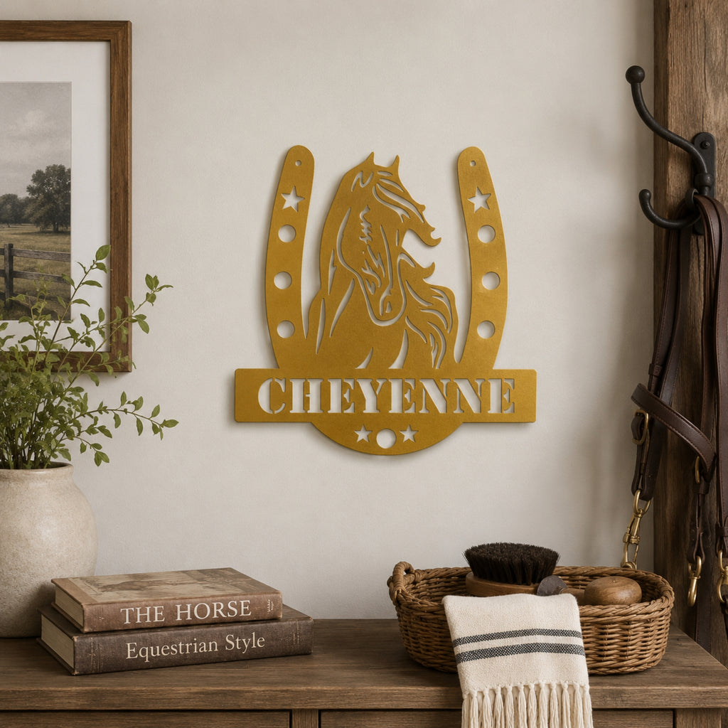 Personalized Horse Name Metal Sign – Horseshoe Equestrian Wall Art