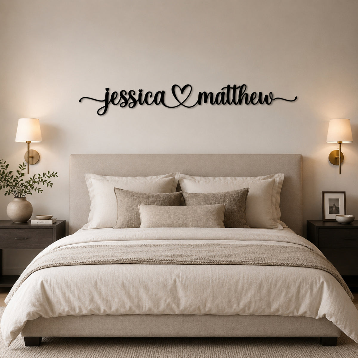 Personalized Couple Name Metal Sign with Heart – Romantic Script with Flourish Tails