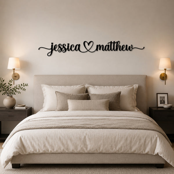 Personalized Couple Name Metal Sign with Heart – Romantic Script with Flourish Tails