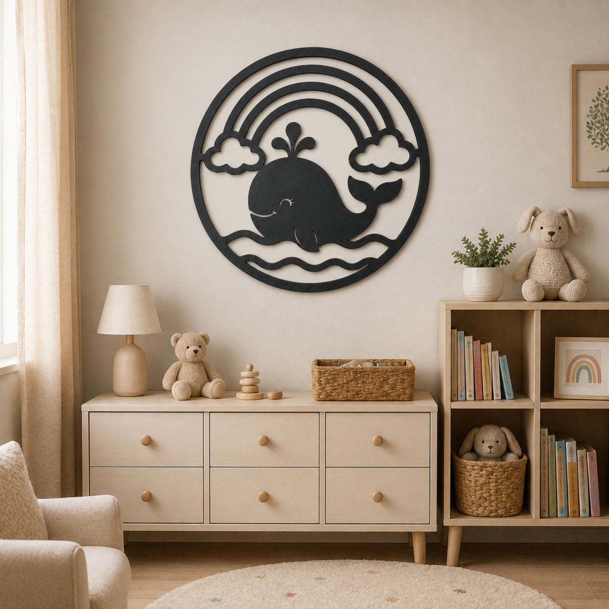 A black metal wall art piece featuring a whale under a rainbow, mounted on a beige wall in a styled nursery or children's room with a dresser, bookshelf, teddy bears, and plants. Main image