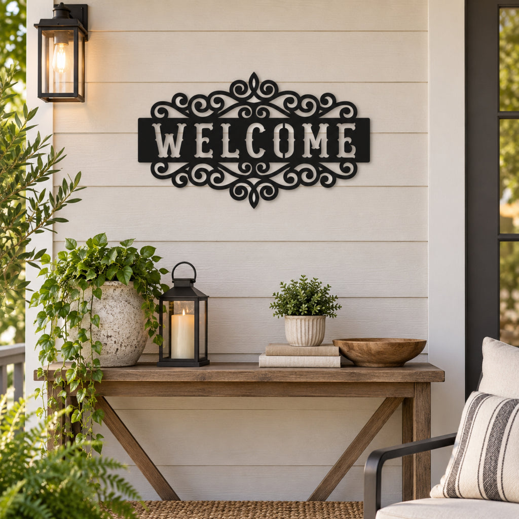 Ornate Welcome Metal Sign – Decorative Porch & Entryway Wall Decor