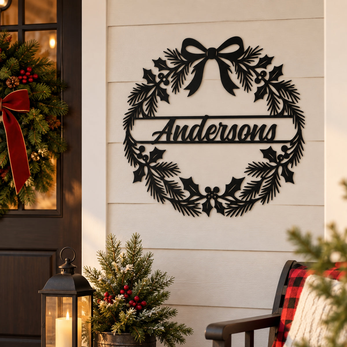 Personalized Christmas Wreath Metal Sign – Custom Family Name Holiday Decor