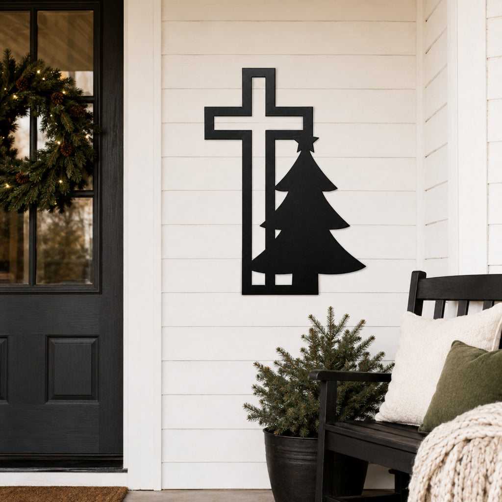 Christian Cross & Christmas Tree Metal Wall Art – Holiday Faith Decor