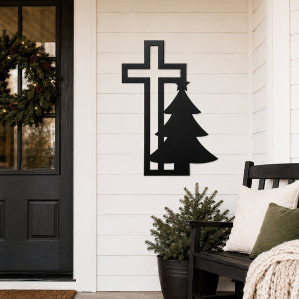 Christian Cross & Christmas Tree Metal Wall Art – Holiday Faith Decor