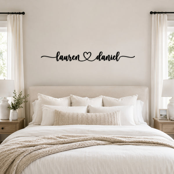 Personalized Couple Name Metal Sign with Heart – Extended Flourish Script