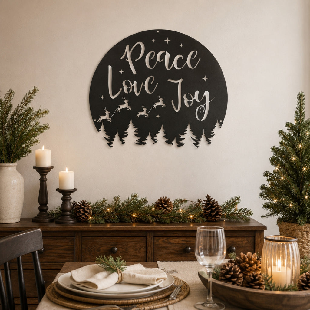 Peace Love Joy Christmas Metal Wall Art – Reindeer & Pine Tree Holiday Sign
