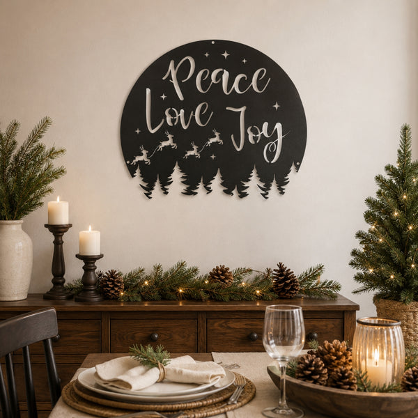 Peace Love Joy Christmas Metal Wall Art – Reindeer & Pine Tree Holiday Sign