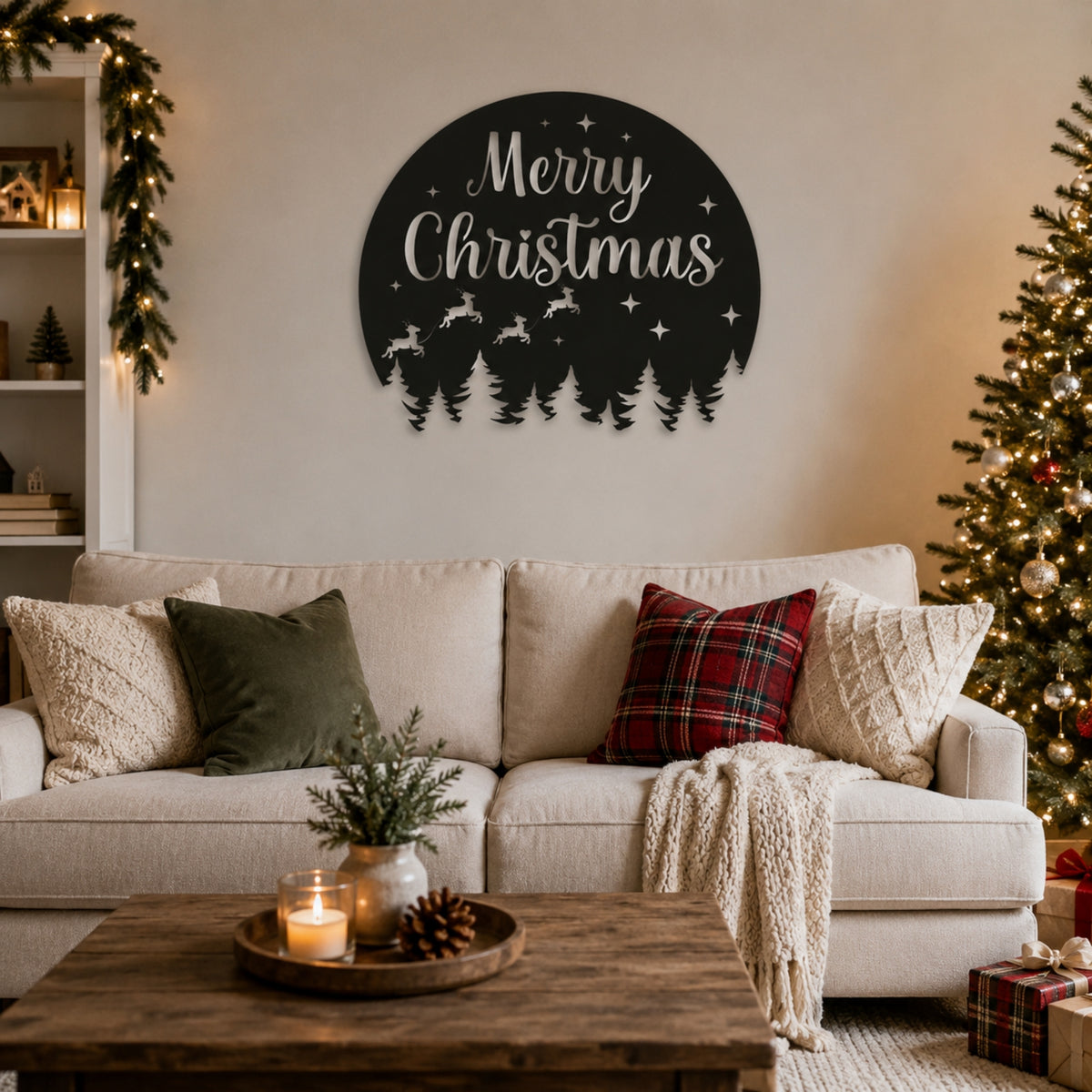 Merry Christmas Metal Wall Art – Reindeer & Pine Tree Holiday Sign