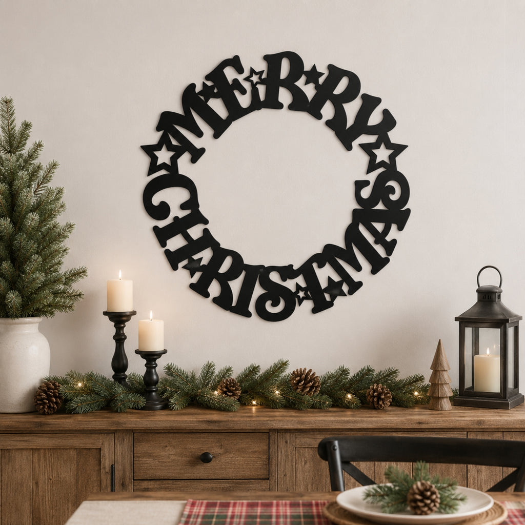 Merry Christmas Wreath Metal Wall Art – Holiday Star Christmas Decor