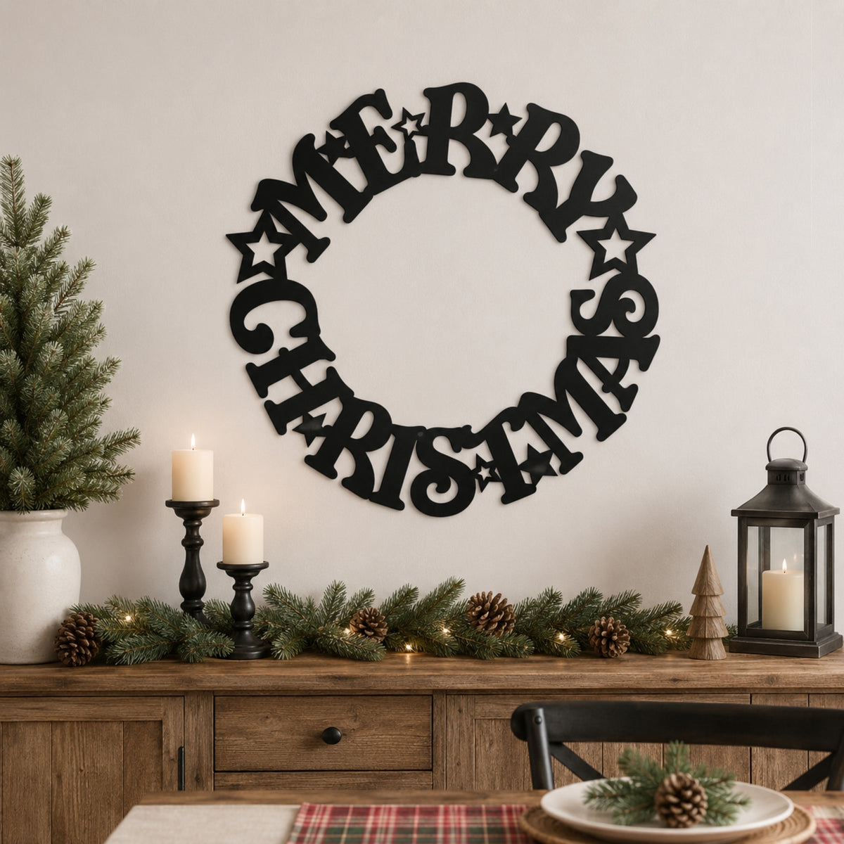 Merry Christmas Wreath Metal Wall Art – Holiday Star Christmas Decor