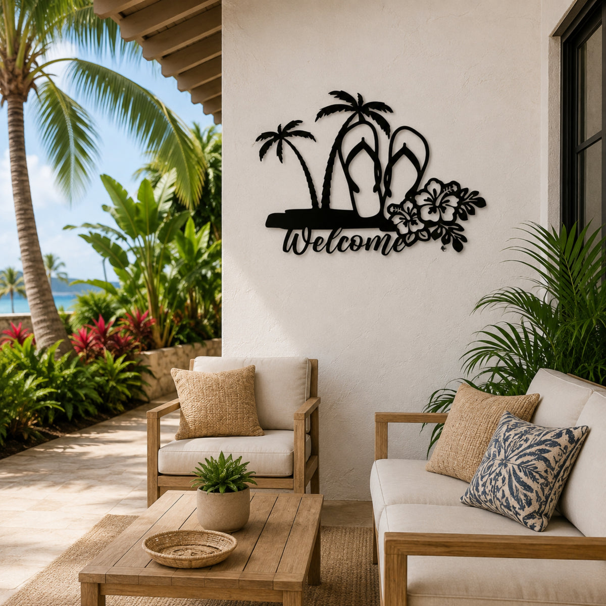 Tropical Welcome Metal Wall Art – Palm Tree & Flip Flop Decor