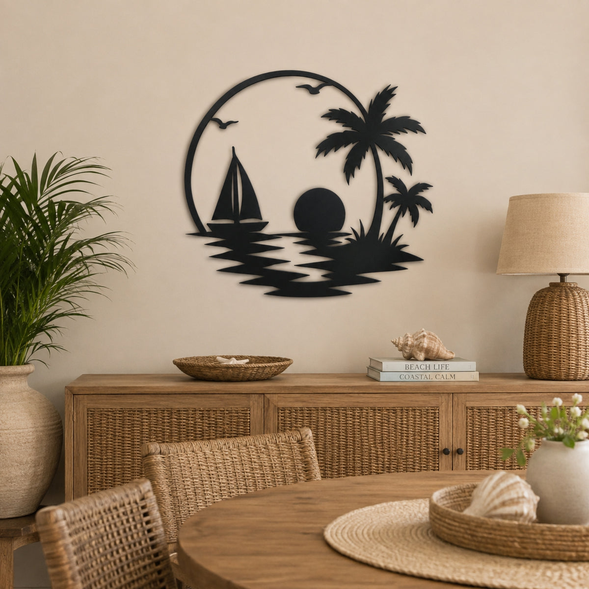 Tropical Sailboat Sunset Metal Wall Art – Palm Tree Coastal Decor