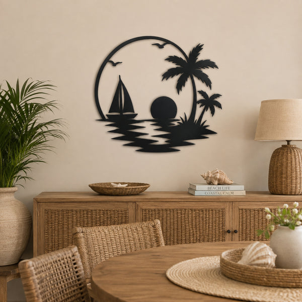 Tropical Sailboat Sunset Metal Wall Art – Palm Tree Coastal Decor