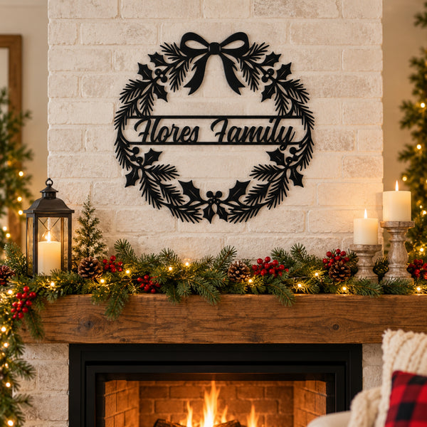 Personalized Christmas Wreath Metal Sign – Custom Family Name Holiday Decor