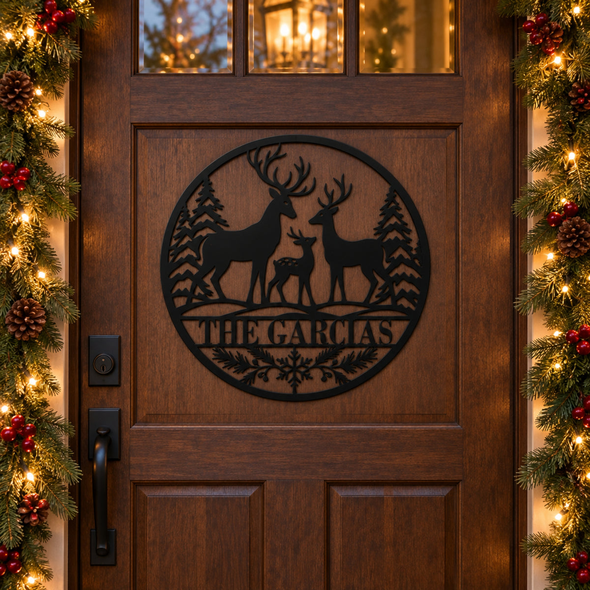 Personalized Deer Family Christmas Metal Sign – Custom Last Name Holiday Decor