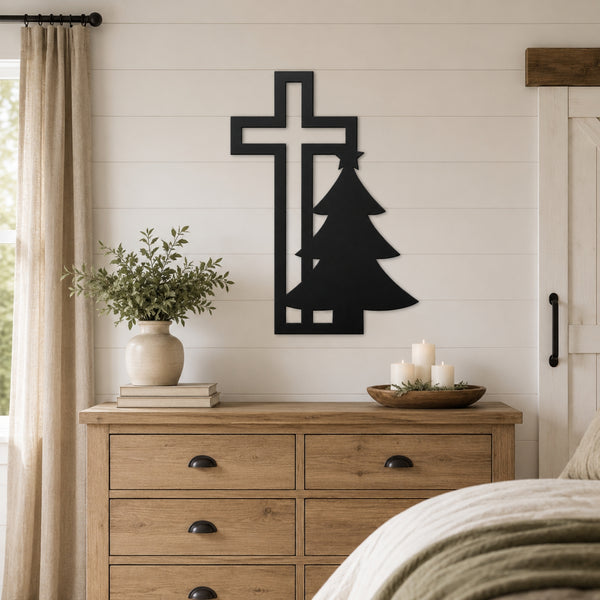 Christian Cross & Christmas Tree Metal Wall Art – Holiday Faith Decor