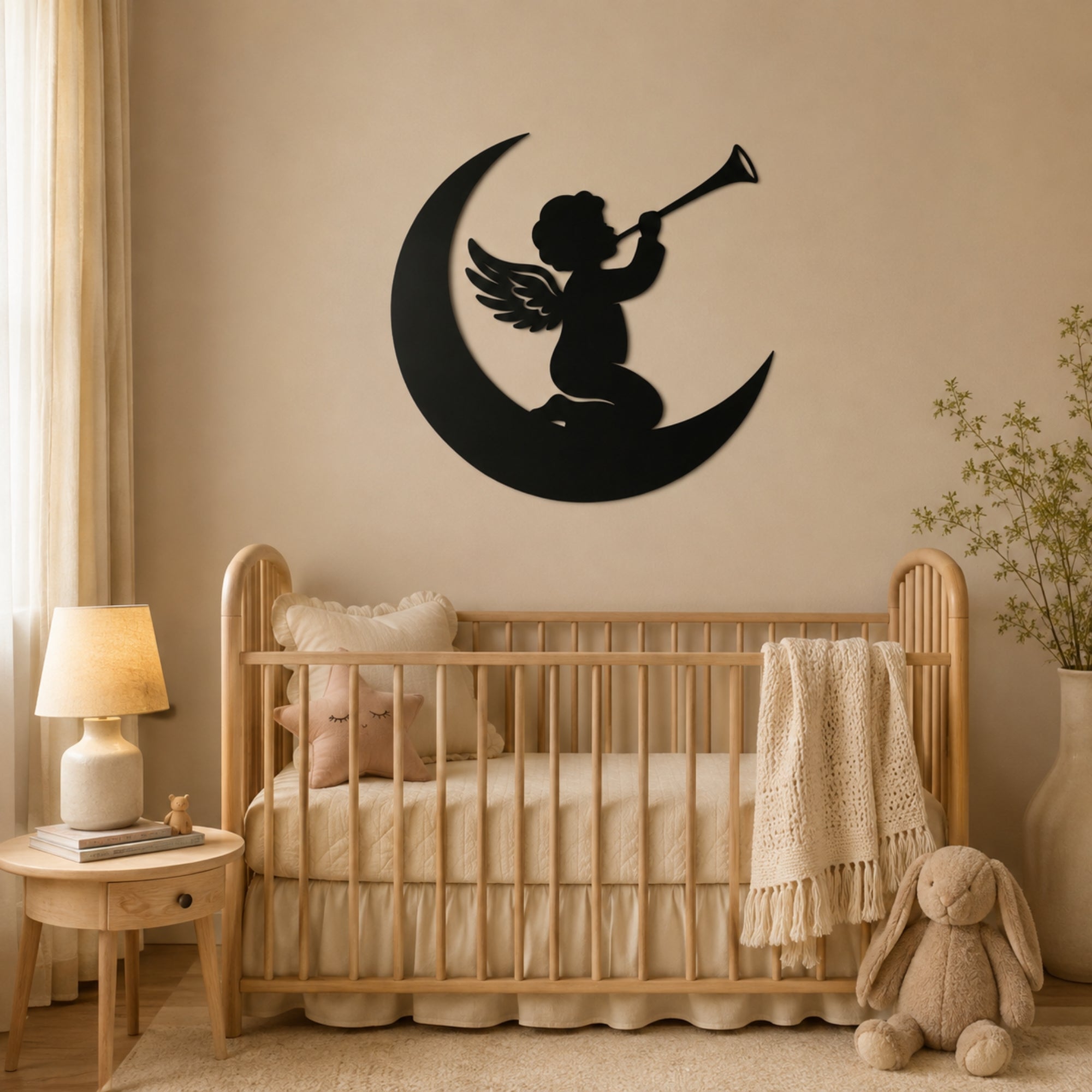 Angel on Moon Metal Wall Art – Celestial Nursery Decor
