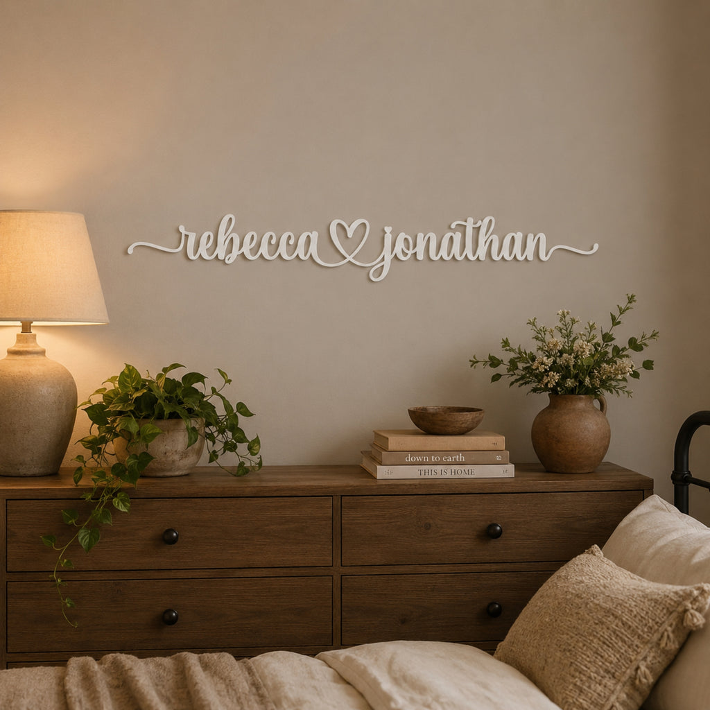 Personalized Couple Name Metal Sign with Heart – Romantic Script with Flourish Tails
