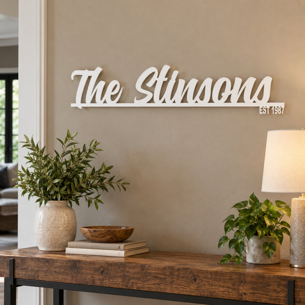 Personalized Family Name Metal Sign with Established Year – Script Surname Wall Art