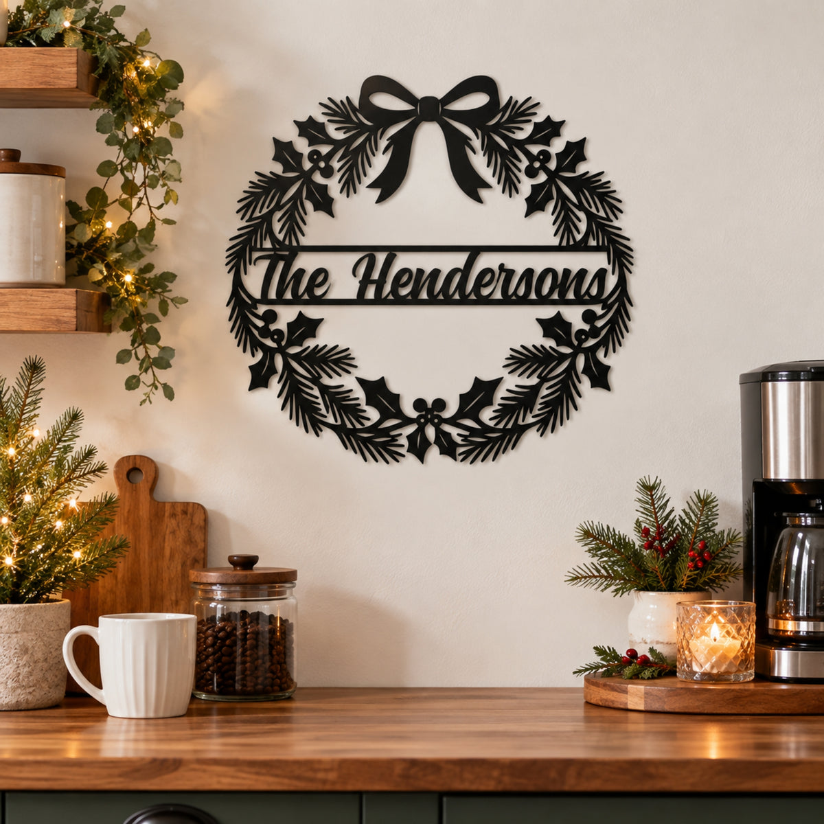 Personalized Christmas Wreath Metal Sign – Custom Family Name Holiday Decor