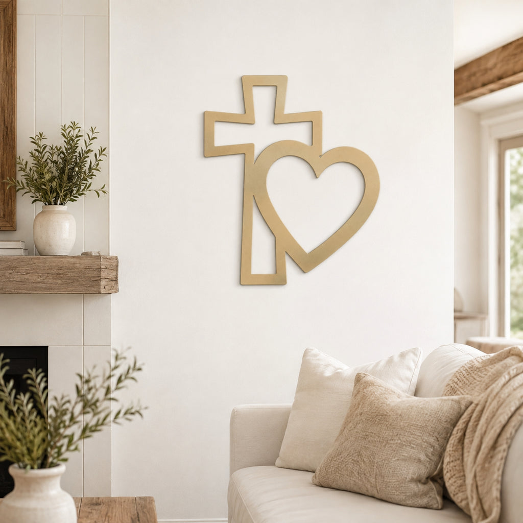 Cross & Heart Metal Wall Art – Christian Faith Love Decor