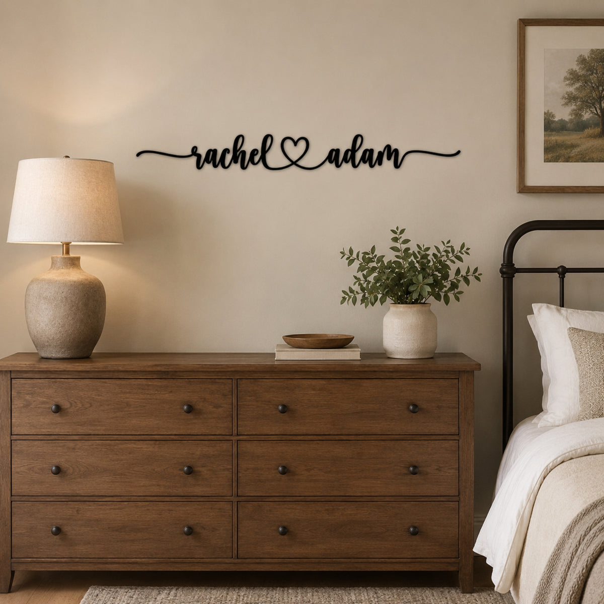 Personalized Couple Name Metal Sign with Heart – Extended Flourish Script Main image