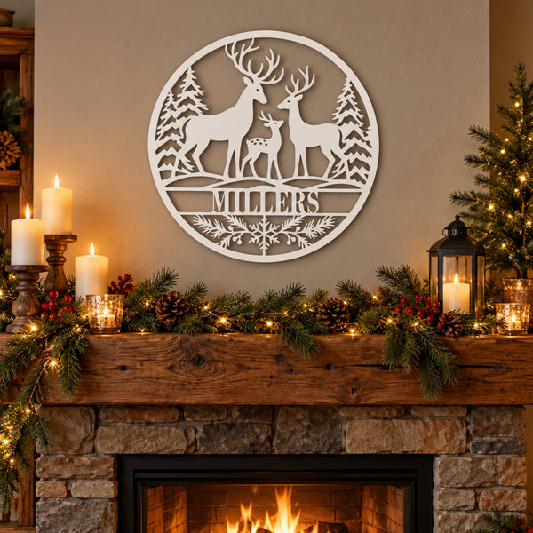 Personalized Deer Family Christmas Metal Sign – Custom Last Name Holiday Decor