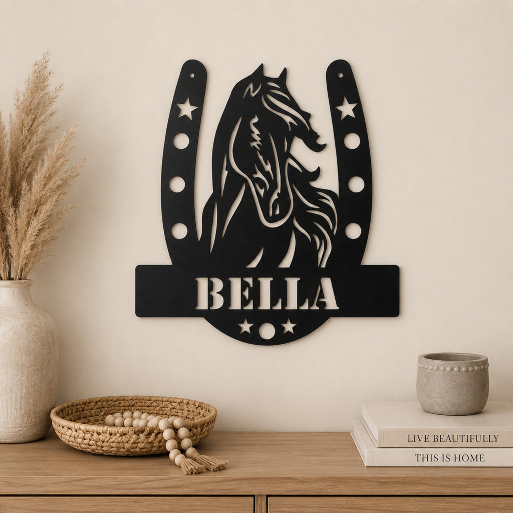 Personalized Horse Name Metal Sign – Horseshoe Equestrian Wall Art