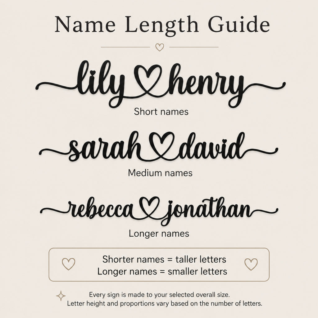 Personalized Couple Name Metal Sign with Heart – Romantic Script with Flourish Tails