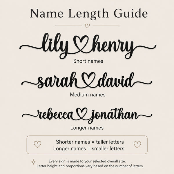 Personalized Couple Name Metal Sign with Heart – Romantic Script with Flourish Tails