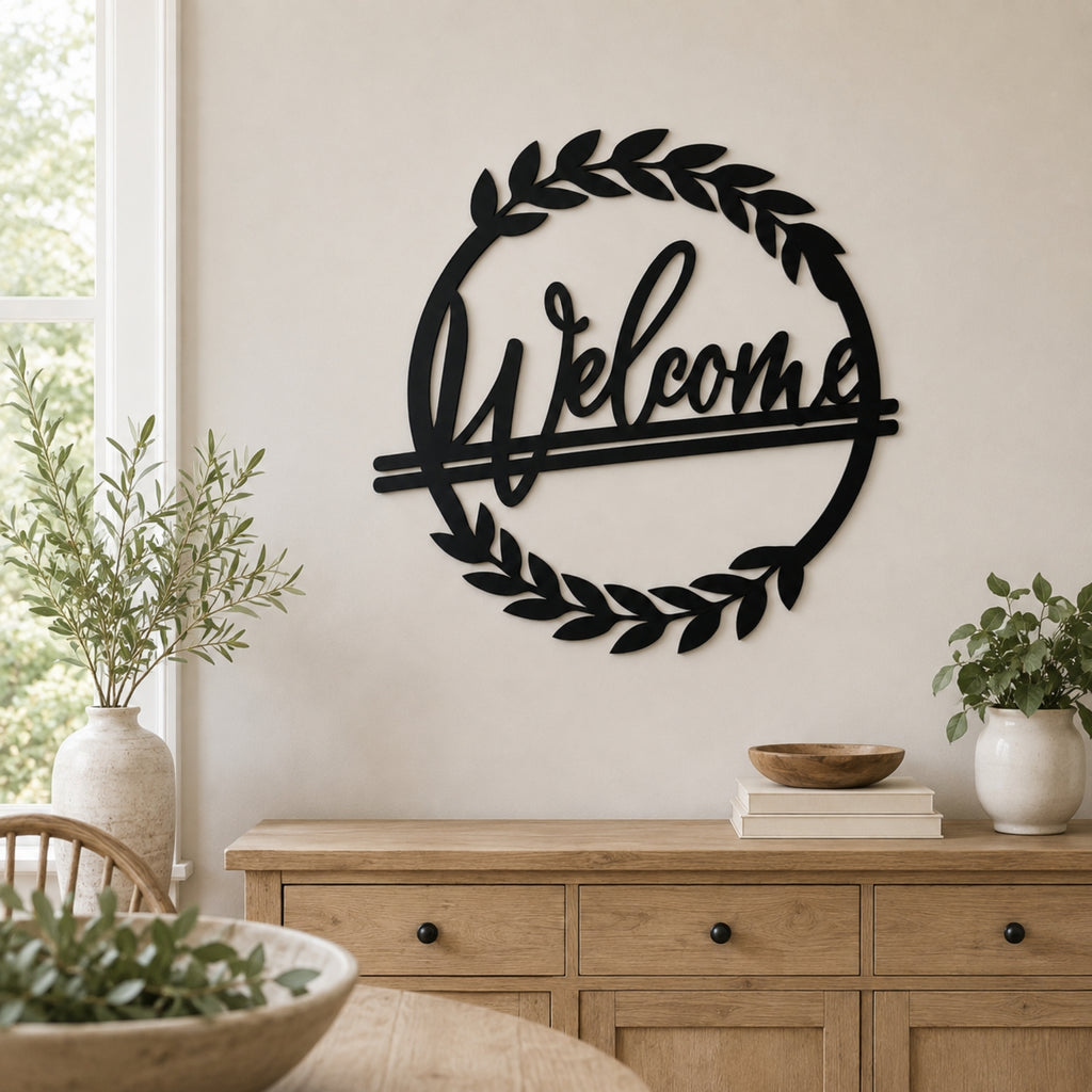 Welcome Wreath Metal Wall Art – Entryway & Porch Welcome Sign