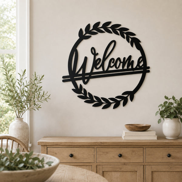 Welcome Wreath Metal Wall Art – Entryway & Porch Welcome Sign