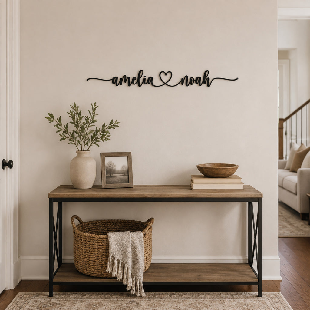 Personalized Couple Name Metal Sign with Heart – Extended Flourish Script