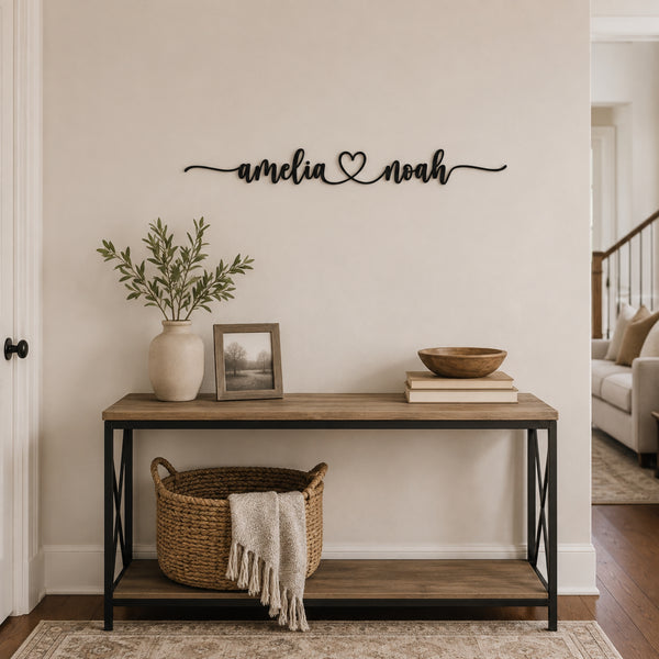 Personalized Couple Name Metal Sign with Heart – Extended Flourish Script