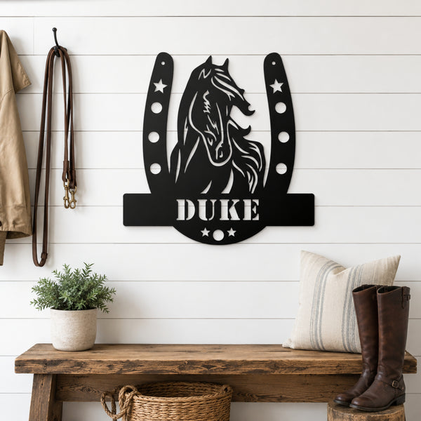 Personalized Horse Name Metal Sign – Horseshoe Equestrian Wall Art