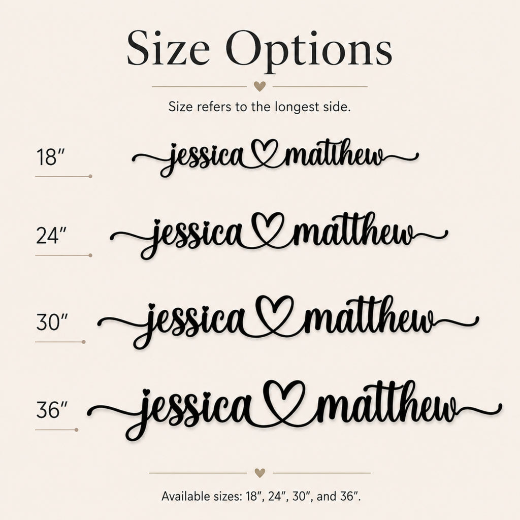 Personalized Couple Name Metal Sign with Heart – Romantic Script with Flourish Tails