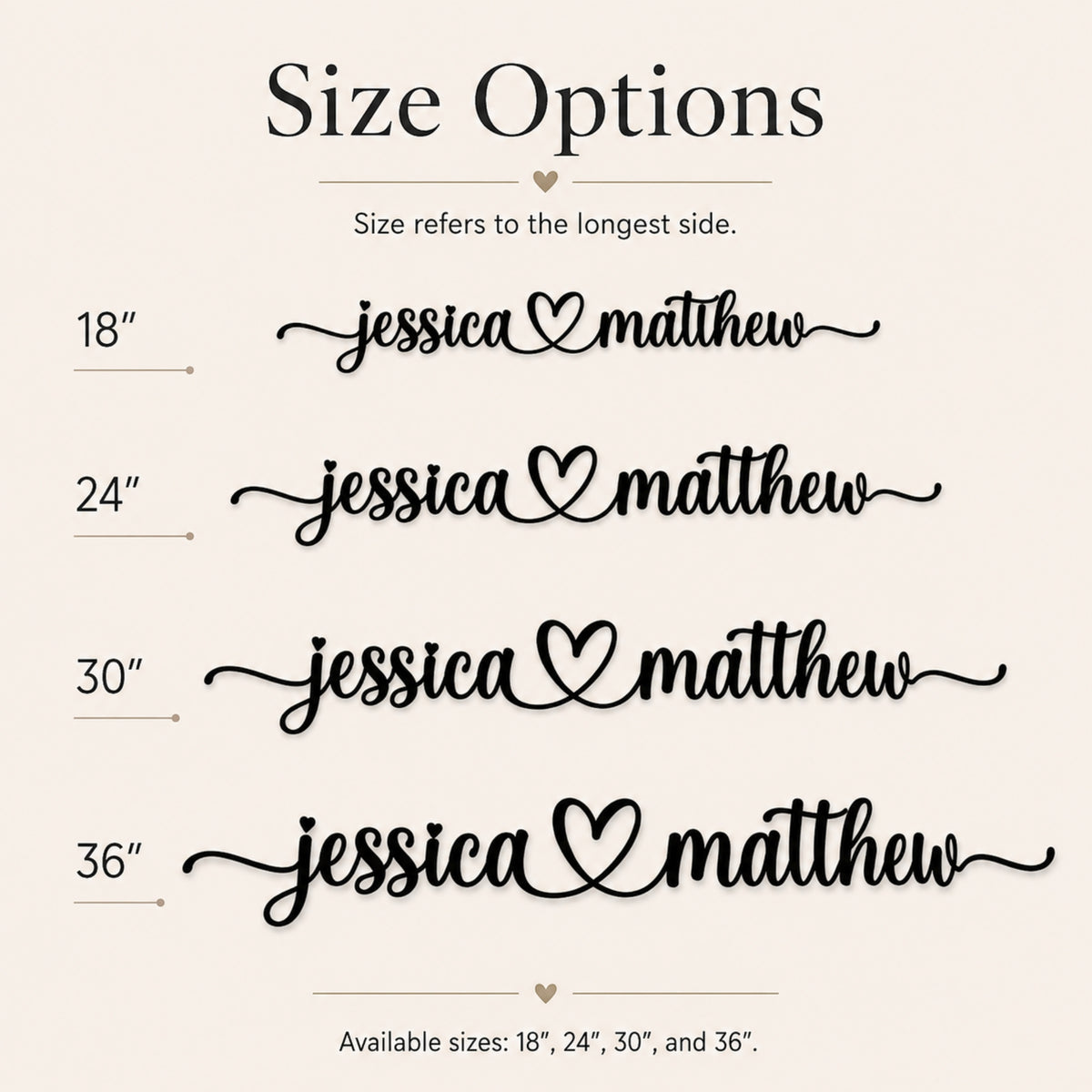 Personalized Couple Name Metal Sign with Heart – Romantic Script with Flourish Tails