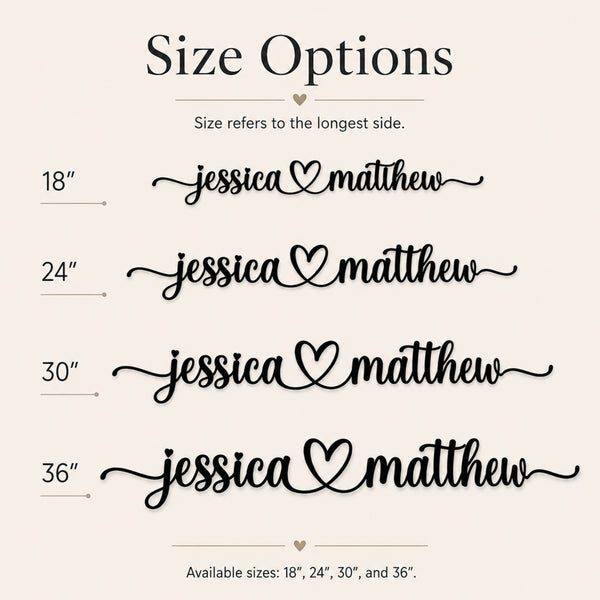 Personalized Couple Name Metal Sign with Heart – Romantic Script with Flourish Tails