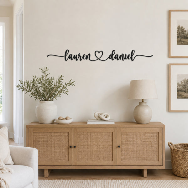 Personalized Couple Name Metal Sign with Heart – Extended Flourish Script